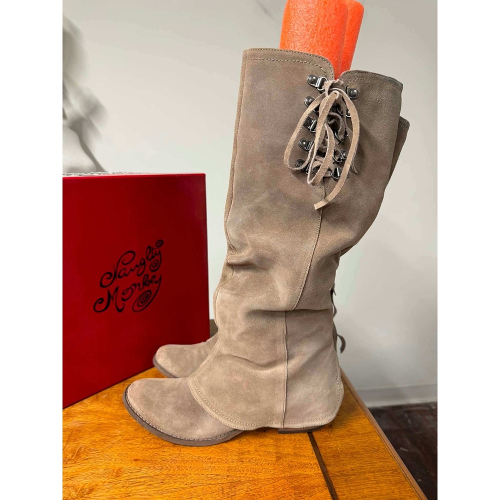 Vtg Naughty Monkey Womens 9 Taupe Winter Blues Suede Slouch Lace Knee High Boots